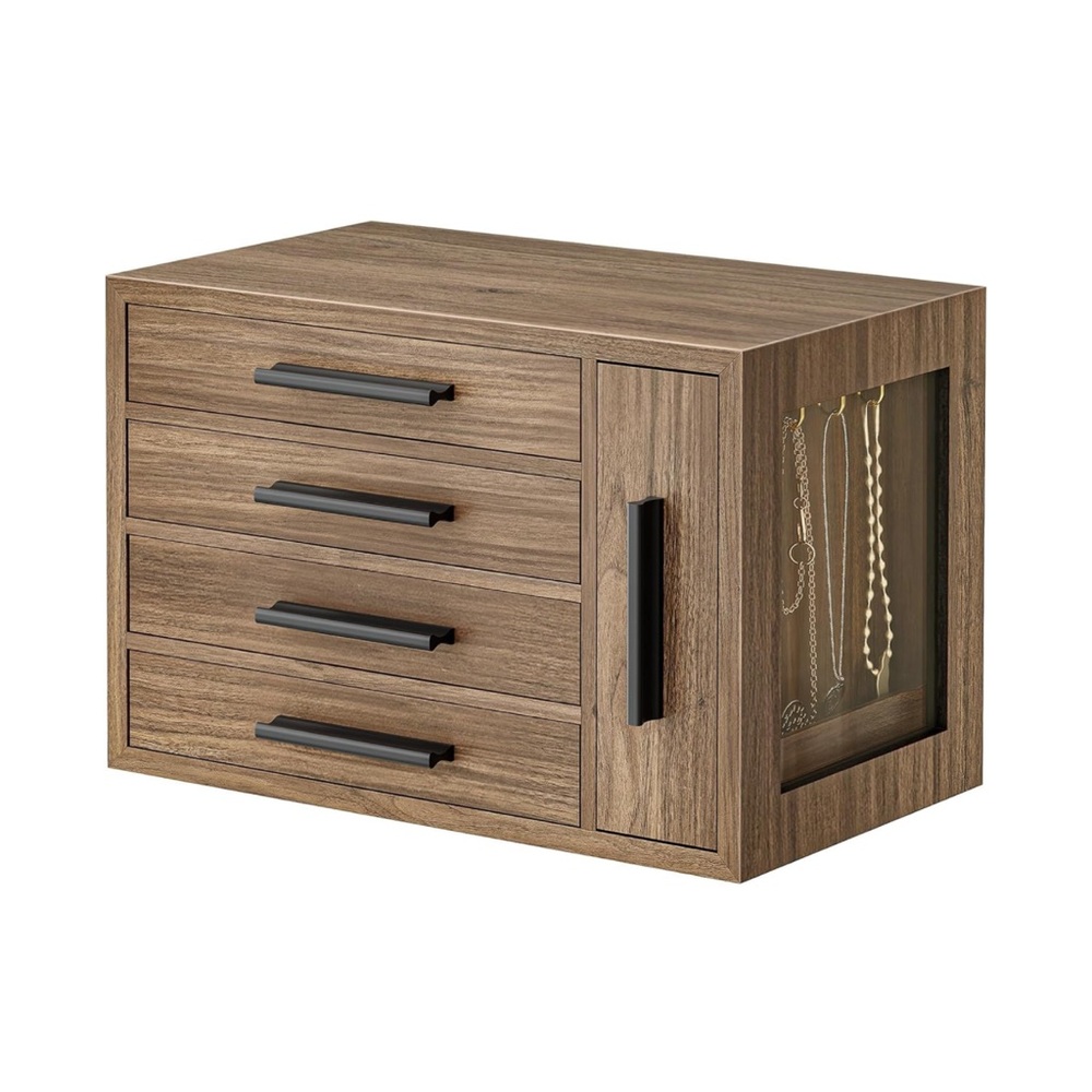 Woodgrain Jewelry Organizer Chest with Glass Side Panel - Brown